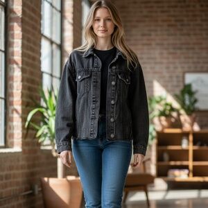 Bershka #Denim Women’s XS Black Cropped Denim Jacket Double Pocket Button Front